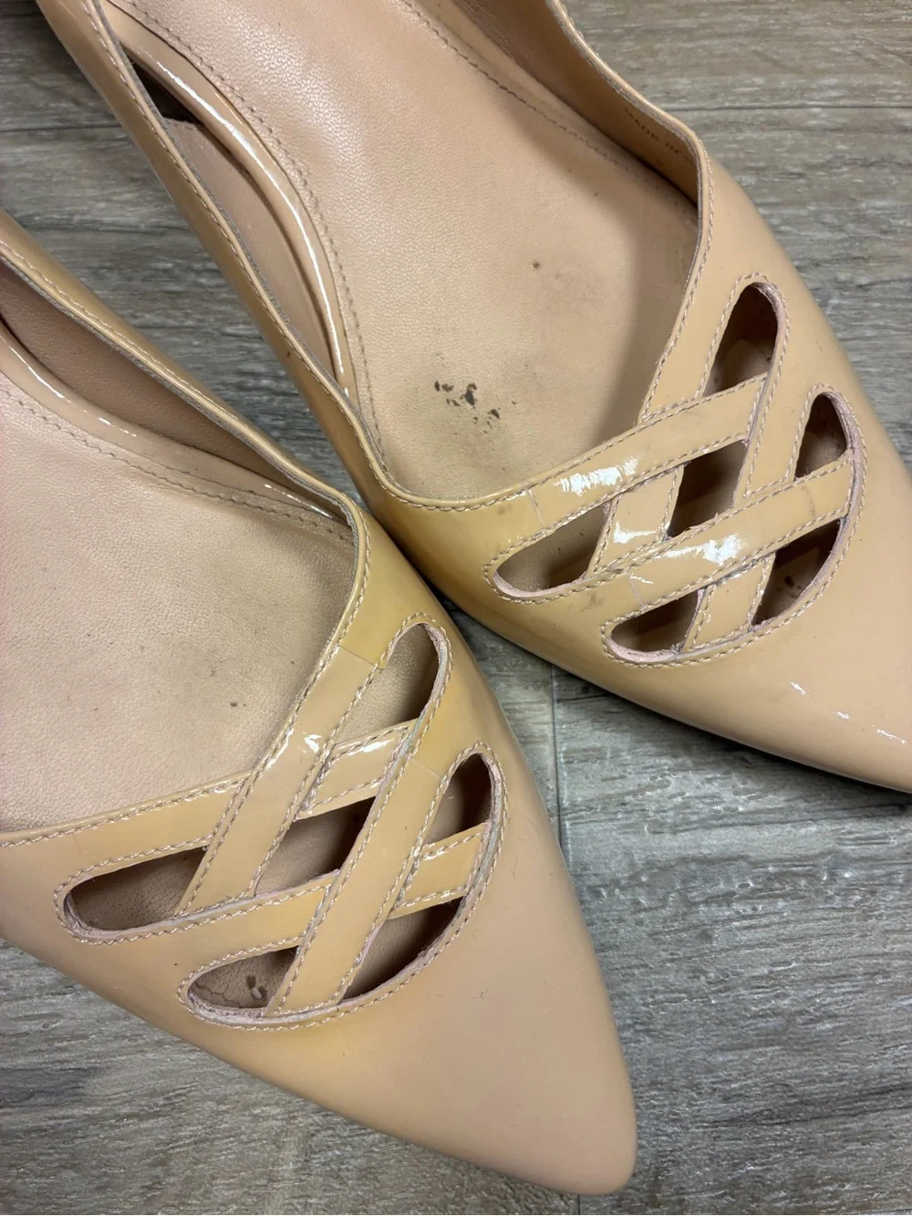 Via Spiga Italy Patent Leather Pointy Cut Out Slingback Kitten Heels